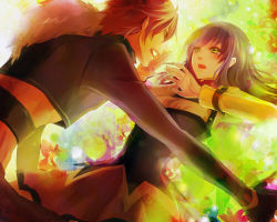 10s aquarion_(series) aquarion_evol bad_id bad_pixiv_id fingerless_gloves fur gloves green_eyes hair_down kagura_demuri mikono_suzushiro purple_hair red_hair skirt tomonori_(kakiyari)