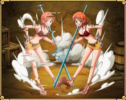 Rule 34 | 1girl, breasts, brown eyes, cleavage, dual persona, female focus, large breasts, nami (one piece), official art, one piece, orange hair, sandals, short hair, shorts, smoke