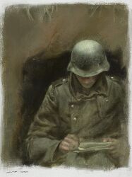 Rule 34 | 1boy, absurdres, closed mouth, cmxv, coat, combat helmet, facing viewer, german commentary, highres, holding, holding paper, long sleeves, male focus, military, military uniform, original, painting (medium), paper, realistic, signature, solo, traditional media, uniform