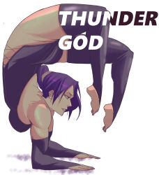 Rule 34 | 1girl, ass, bare shoulders, barefoot, bleach, breasts, dynamic pose, feet up, highres, jobin chan, long hair, long sleeves, medium breasts, purple hair, shihouin yoruichi, short hair, solo, thighhighs, thighs, white background