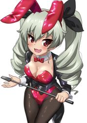Rule 34 | 1girl, :d, anchovy (girls und panzer), animal ears, black jacket, black ribbon, bow, bowtie, collarbone, commentary request, covered navel, curvy, detached collar, drill hair, embarrassed, fake animal ears, fishnet pantyhose, fishnets, girls und panzer, green hair, hair ribbon, hairband, hands up, highleg, highleg leotard, highres, holding, holding whip, jacket, leotard, long hair, long sleeves, looking at viewer, open mouth, pantyhose, playboy bunny, rabbit ears, red bow, red eyes, red hairband, red leotard, ribbon, shiina excel, skin tight, smile, solo, sweatdrop, twin drills, twintails, wavy mouth, white background, wrist cuffs