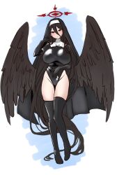 Rule 34 | 1girl, absurdly long hair, black hair, black headwear, black leotard, black thighhighs, black wings, blue archive, blush, breasts, closed mouth, commentary request, emirio (emirio110), feathered wings, full body, habit, hair between eyes, halo, hasumi (blue archive), highleg, highleg leotard, highres, justina follower (blue archive), large breasts, latex, latex leotard, leotard, long hair, low wings, red eyes, simple background, sweat, thighhighs, very long hair, wings