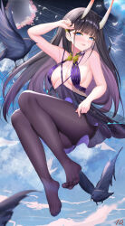 Rule 34 | 1girl, arm up, ass, azur lane, bare arms, bare shoulders, bird, black hair, black pantyhose, blue eyes, blunt bangs, breasts, dress, earrings, feet, floating, full body, highres, horns, jewelry, legs, long hair, looking at viewer, medium breasts, nanoda002 (saber427), night, night sky, no shoes, noshiro (azur lane), pantyhose, parted lips, purple dress, purple hair, sideboob, signature, sky, solo, thighband pantyhose, thighs, toes