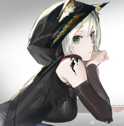 Rule 34 | 1girl, animal ears, arknights, bare shoulders, black jacket, breasts, chinese commentary, closed mouth, commentary request, elbow rest, green eyes, hair between eyes, highres, hood, hood up, jacket, kal&#039;tsit (arknights), leiq, light green hair, long hair, looking at viewer, looking to the side, material growth, medium breasts, oripathy lesion (arknights), sidelocks, solo, upper body, weibo watermark, white background