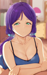 Rule 34 | 1girl, :o, alp, aqua eyes, aqua scrunchie, bare shoulders, blue tank top, blush, breasts, cleavage, collarbone, commentary request, crossed arms, green eyes, hair ornament, hair scrunchie, highres, indoors, large breasts, long hair, looking at viewer, love live!, love live! school idol festival, love live! school idol project, low twintails, purple hair, scrunchie, sitting, solo, table, tank top, tojo nozomi, twintails, wooden floor