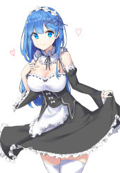 Rule 34 | 10s, 1girl, :d, absurdres, alternate hair length, alternate hairstyle, bad id, bad pixiv id, blue eyes, blue hair, blush, breasts, cleavage, closed mouth, clothes lift, cowboy shot, detached sleeves, dress, frilled sleeves, frills, hair ornament, heart, highres, kir (khw66136132), large breasts, lifted by self, long hair, long sleeves, looking at viewer, maid, open mouth, re:zero kara hajimeru isekai seikatsu, rem (re:zero), ribbon-trimmed clothes, ribbon-trimmed sleeves, ribbon trim, skirt, skirt lift, smile, solo, thighhighs, very long hair, white background, white thighhighs, wide sleeves, x hair ornament