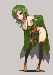 Rule 34 | 1990s (style), 1girl, aged up, bad id, bad pixiv id, bare shoulders, black thighhighs, blush, boots, breasts, cleavage, detached sleeves, final fantasy, final fantasy iv, green eyes, green hair, groin, highres, kusanagi tonbo, large breasts, leaning forward, legs, long hair, matching hair/eyes, open mouth, pelvic curtain, retro artstyle, rydia (ff4), sideboob, simple background, smile, solo, thigh boots, thighhighs, thighs