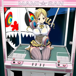 Rule 34 | 10s, 1girl, arcade, bad id, bad pixiv id, blonde hair, boots, breasts, charlotte (madoka magica), corset, crane game, drill hair, grabbing, grabbing another&#039;s breast, kouno (masao), large breasts, mahou shoujo madoka magica, mahou shoujo madoka magica (anime), miniskirt, panties, panty pull, shirt, skirt, solo, striped clothes, striped thighhighs, thighhighs, tomoe mami, twintails, underwear, vertical-striped clothes, vertical-striped thighhighs, white panties, yellow eyes
