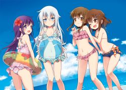 Rule 34 | 10s, 4girls, :d, ;), ;d, akatsuki (kancolle), ball, bare arms, bare legs, bare shoulders, barefoot, beachball, bikini, bikini skirt, blue eyes, blue shorts, blue sky, bow, breasts, brown eyes, brown hair, casual one-piece swimsuit, closed mouth, cloud, day, diagonal stripes, floral print, flower, frilled bikini, frills, hair flower, hair ornament, hibiki (kancolle), hibiscus, horizon, ikazuchi (kancolle), inazuma (kancolle), innertube, jitome, kantai collection, long hair, looking at viewer, moca blanc, multiple girls, navel, ocean, one-piece swimsuit, one eye closed, open mouth, outdoors, pink bow, pink one-piece swimsuit, polka dot, polka dot bikini, purple eyes, purple hair, round teeth, short hair, short shorts, shorts, silver hair, sky, small breasts, smile, striped, summer, swim ring, swimsuit, teeth, transparent, water