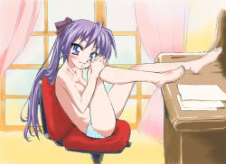 Rule 34 | 00s, 1girl, blush, breasts, chair, desk, full body, highres, hiiragi kagami, interlocked fingers, long hair, lucky star, matching hair/eyes, panties, purple eyes, purple hair, red upholstery, smile, solo, striped clothes, striped panties, toes, underwear