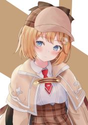 Rule 34 | 1girl, absurdres, blonde hair, blue eyes, blush, breasts, closed mouth, collared shirt, commentary request, detective, hat, highres, hololive, hololive english, long sleeves, looking to the side, mifu18, monocle, necktie, pleated skirt, red necktie, shirt, short hair, simple background, skirt, solo, two-tone background, upper body, virtual youtuber, watson amelia, white shirt