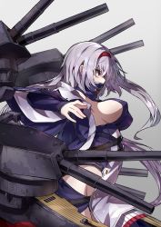 Rule 34 | 1girl, azur lane, breasts, cannon, capelet, colorado (azur lane), covered erect nipples, from side, grey background, grey hair, hairband, highres, large breasts, long hair, pale skin, ramuya (lamb), red eyes, rigging, sideboob, sidelocks, simple background, solo, standing