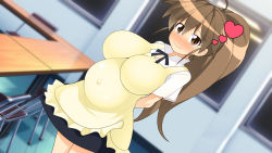 Rule 34 | 1girl, ahoge, apron, arms behind back, black neckwear, blush, breasts, brown eyes, brown hair, chair, closed mouth, covered navel, embarrassed, female focus, happy, heart, high ponytail, highres, huge breasts, indoors, legs, long hair, looking at viewer, makarou, matching hair/eyes, nose blush, ponytail, pregnant, skirt, smile, solo, table, taneshima popura, thighs, waitress, working!!