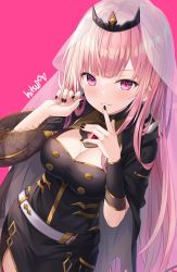 Rule 34 | 1girl, artist name, black dress, black nails, blush, breasts, cleavage, commentary, dress, english commentary, finger to mouth, hands up, highres, hitsukuya, hololive, hololive english, long hair, long sleeves, looking at viewer, medium breasts, mori calliope, nail polish, parted lips, pink background, purple eyes, see-through, signature, simple background, solo, tiara, veil, very long hair, virtual youtuber, wide sleeves