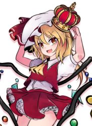 Rule 34 | 1girl, :d, ascot, blonde hair, cowboy shot, crown, crystal, flandre scarlet, hands on headwear, hat, hat ribbon, highres, looking at viewer, mob cap, one side up, open mouth, red eyes, red ribbon, red skirt, red vest, ribbon, shen li, shirt, short sleeves, simple background, skirt, smile, solo, standing, touhou, transparent background, vest, white background, white hat, white shirt, wings, yellow ascot