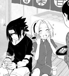 Rule 34 | 1boy, 2girls, ^ ^, arm warmers, averting eyes, blush, closed eyes, corrupted twitter file, cup, dango, extra, facing another, feet out of frame, food, forehead, forehead protector, greyscale, haruno sakura, highres, holding, holding cup, mature female, monochrome, multiple girls, naruto, naruto (series), popon ta, sitting, smile, sparkle, squiggle, sweatdrop, tea, uchiha sasuke, wagashi