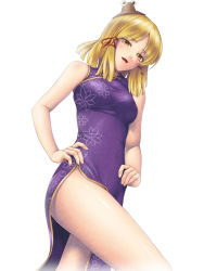 Rule 34 | 1girl, alternate costume, bad id, bad pixiv id, blonde hair, breasts, china dress, chinese clothes, dress, female focus, floral print, hair ribbon, hat, looking at viewer, medium breasts, mini hat, mochi.f, moriya suwako, aged up, open mouth, purple dress, ribbon, side slit, solo, touhou, yellow eyes