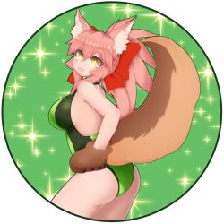 Rule 34 | 1girl, animal ears, animal hands, breasts, competition swimsuit, fate/grand order, fate (series), fox ears, fox tail, green one-piece swimsuit, hair ribbon, hand on own hip, highleg, highleg swimsuit, kulettula, large breasts, long hair, looking at viewer, one-piece swimsuit, pink hair, ribbon, solo, swimsuit, tail, tamamo (fate), tamamo cat (fate), tamamo no mae (fate/extra), tongue, tongue out, yellow eyes