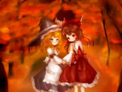 Rule 34 | 2girls, amano jack, apron, autumn, bad id, bad pixiv id, black dress, blonde hair, blue eyes, blush, bow, brown hair, capelet, cookie (touhou), detached sleeves, dress, forest, hair bow, hair ornament, hakurei reimu, hat, hat bow, holding hands, juliet sleeves, kirisame marisa, long sleeves, multiple girls, nature, puffy sleeves, red dress, red eyes, sash, smile, touhou, waist apron, wide sleeves, witch hat, yuri