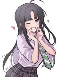 Rule 34 | 1girl, awa subaru, black hair, collared shirt, commentary, girls band cry, green necktie, grey skirt, grin, hands up, heart, highres, long hair, necktie, one eye closed, plaid, plaid skirt, pleated skirt, purple eyes, school uniform, shirt, simple background, skirt, sleeves rolled up, smile, solo, symbol-only commentary, twitter username, white background, white shirt, yigi 17