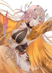 Rule 34 | 1girl, arm under breasts, artist name, atoatto, braid, breasts, crystal, fire emblem, fire emblem heroes, grey hair, gullveig (fire emblem), gullveig (seer beyond time) (fire emblem), horns, large breasts, long hair, nintendo, official alternate costume, single braid, single horn, snake hair, solo, very long hair, white background, yellow eyes