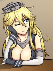 Rule 34 | 1girl, artist name, black gloves, blonde hair, blue eyes, breasts, ciohoxyami, cleavage, collar, female focus, fingerless gloves, gloves, hat, headgear, iowa (kancolle), kantai collection, large breasts, long hair, looking to the side, one eye closed, personification, smile, solo, star (symbol), star in eye, symbol in eye, wrist cuffs