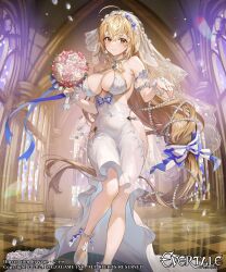 Rule 34 | 1girl, absurdres, bare shoulders, blonde hair, blush, bouquet, breasts, character request, closed mouth, copyright name, covered navel, dress, evertale, flower, highres, holding, holding bouquet, indoors, large breasts, long hair, looking at viewer, sage joh, see-through, smile, solo, standing, veil, very long hair, white dress