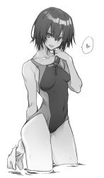 Rule 34 | 10mo, 1girl, amagami, breasts, commentary request, competition swimsuit, contrapposto, covered navel, goggles, unworn goggles, greyscale, head tilt, heart, highres, monochrome, nanasaki ai, one-piece swimsuit, short hair, simple background, small breasts, soaking feet, solo, spoken heart, standing, unworn swim cap, swimsuit, wading, water