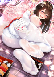 Rule 34 | 1girl, bare shoulders, blush, breasts, brown hair, cameltoe, cherry blossoms, cleft of venus, commentary request, elbow gloves, feet, gloves, green eyes, hair ornament, hairclip, highres, japanese clothes, large breasts, long hair, miko, naughty face, nekoda (maoda), nipples, panties, pantyhose, pouring, pouring onto self, raised eyebrows, see-through, skirt, soles, solo, toes, tokkuri, underwear, wet, wet clothes, white gloves, white panties, white pantyhose