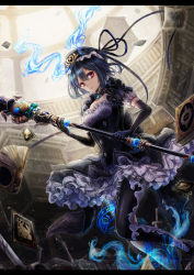 Rule 34 | 1girl, alice (sinoalice), backlighting, blue hair, book, bookshelf, breasts, cleavage, dress, elbow gloves, emon (glossy black), frilled dress, frills, gloves, hat, holding, holding weapon, lace, letterboxed, pale skin, patterned clothing, puffy short sleeves, puffy sleeves, red eyes, short hair, short sleeves, sinoalice, skirt, solo, staff, weapon, window