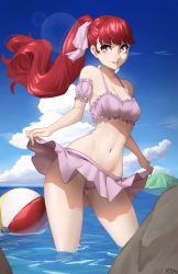 Rule 34 | 1girl, absurdres, artist name, ball, beachball, bikini, bikini skirt, blue sky, breasts, cloud, collarbone, commentary, english commentary, floating hair, frilled bikini, frills, grin, hair ribbon, highres, lips, long hair, looking away, medium breasts, navel, ocean, outdoors, parted lips, partially submerged, persona, persona 5, persona 5 the royal, pink bikini, pink lips, pink ribbon, pink skirt, ponytail, red eyes, red hair, ribbon, skirt, skirt hold, sky, smile, solo, stomach, sunlight, swimsuit, water, x xith x, yoshizawa kasumi