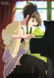 Rule 34 | 10s, 1girl, absurdres, black thighhighs, brown eyes, brown hair, cardigan, casual, cloud, highres, hisami nanami, instrument, kojima hirokazu, legs, megami magazine, music, non-web source, official art, piano, playing instrument, sky, smile, solo, thighhighs, wake up girls!