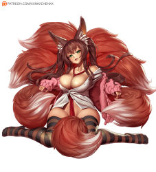 Rule 34 | 1girl, animal ear fluff, animal ears, bare shoulders, between breasts, black legwear, breasts, brown legwear, commission, fang, fox ears, fox tail, full body, green eyes, large breasts, long hair, multiple tails, necktie, necktie between breasts, nikita varb, no panties, original, parted lips, plushmallow, pointy ears, simple background, sitting, solo, striped clothes, striped legwear, striped thighhighs, tail, thighhighs, thighs, twintails, wariza, white background