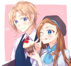 Rule 34 | 1boy, 1girl, ascot, asymmetrical bangs, bad id, bad pixiv id, beret, black headwear, black vest, blue dress, blue eyes, blue neckwear, blush, brother and sister, brown hair, cherry, closed mouth, commentary, cupcake, dress, dress shirt, food, food on head, fruit, hat, holding, holding food, katarina claes, keith claes, light brown hair, long hair, long sleeves, looking at another, neck ribbon, notice lines, object on head, one eye closed, otome game no hametsu flag shika nai akuyaku reijou ni tensei shite shimatta, outside border, pink background, red neckwear, ribbon, shirt, siblings, smile, step-siblings, umehara umeko, vest, white shirt, wing collar, wiping face