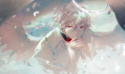 Rule 34 | 1boy, angel wings, archaic japanese text, chromatic aberration, closed mouth, cloud, cloudy sky, collared shirt, feathered wings, feathers, hair between eyes, halo, looking at viewer, male focus, mian lang, nagisa kaworu, neon genesis evangelion, own hands together, pale skin, partially unbuttoned, red eyes, shirt, short hair, short sleeves, sidelocks, sky, smile, solo, upper body, white feathers, white hair, white shirt, white wings, wings