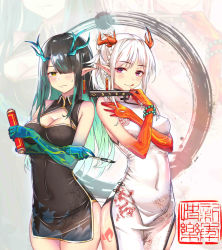 Rule 34 | 2girls, absurdres, arknights, bare shoulders, bead bracelet, beads, black dress, black hair, bracelet, breasts, calligraphy brush, china dress, chinese clothes, chinese commentary, cleavage, commentary request, covered navel, cowboy shot, dress, dusk (arknights), hair over one eye, hasiki, highres, holding, holding brush, horns, jewelry, long hair, medium breasts, multiple girls, nian (arknights), nian (unfettered freedom) (arknights), official alternate costume, paintbrush, pointy ears, purple eyes, short dress, siblings, silver hair, sisters, sleeveless, sleeveless dress, standing, thighs, white dress, yellow eyes, zoom layer