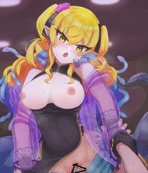 Rule 34 | 1boy, 1girl, bar censor, bare shoulders, black gloves, blonde hair, blue hair, blush, breasts, breasts out, censored, commission, covered navel, cowgirl position, cum, cum in pussy, flower, gloves, hair flower, hair ornament, hana yamakiri, hetero, holding another&#039;s wrist, jewelry, lamia, long hair, looking at viewer, medium breasts, medusa (monster girl encyclopedia), monster girl, monster girl encyclopedia, multicolored hair, nipples, open mouth, pointy ears, pussy, sex, sidelocks, skeb commission, snake hair, solo focus, straddling, sweat, vaginal, yellow eyes