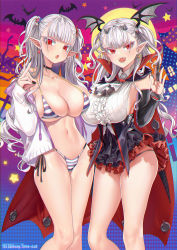 Rule 34 | 2girls, 504 gateway, :o, absurdres, bikini, breasts, cape, cardigan, character request, choker, cleavage, commentary request, cross, cross earrings, detached sleeves, draculina (last origin), earrings, fake horns, fang, highres, horns, jewelry, korean commentary, large breasts, last origin, legs, long hair, looking at viewer, multiple girls, navel, no bra, open mouth, panties, pointy ears, red eyes, short twintails, side-tie bikini bottom, slit pupils, striped bikini, striped clothes, swimsuit, twintails, underwear, vampire, very long hair, wing hair ornament