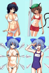 Rule 34 | 4girls, :p, animal ears, bikini, bikini pull, black hair, blue eyes, blue hair, bow, breasts, brown eyes, brown hair, cat ears, cat tail, chen, cirno, clothes pull, earrings, flat chest, hair bow, hat, jewelry, kurowana, large breasts, micro bikini, multiple girls, multiple tails, one-piece swimsuit, one eye closed, pole, pulling own clothes, red eyes, school swimsuit, shameimaru aya, short hair, smile, swimsuit, tail, tongue, tongue out, touhou, wings, wink