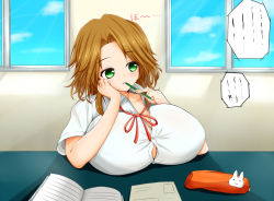 Rule 34 | 1girl, breast rest, breasts, brown hair, bursting breasts, green eyes, huge breasts, school uniform, sitting, solo, straining buttons