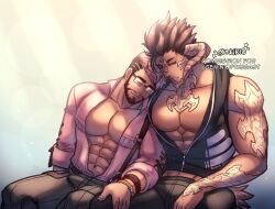 Rule 34 | 2boys, abs, au ra, bara, bare pectorals, beard, commission, dark-skinned male, dark skin, facial hair, final fantasy, final fantasy xiv, foreplay, full beard, hand on another&#039;s leg, head on another&#039;s shoulder, highres, hyur, interracial, large pectorals, leaning on person, male focus, mature male, midriff peek, multiple boys, muscular, muscular male, navel, nipples, oneirio, pectoral cleavage, pectorals, short hair, sideburns, sleeping, sleeping on person, sleeping upright, solid beard, thick eyebrows, thick thighs, thighs, topless male, warrior of light (ff14), yaoi