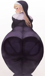Rule 34 | 1girl, against glass, ass, ass focus, ass on glass, ass press, bad id, bad twitter id, blonde hair, blush, breasts, curvy, glass, highres, huge ass, large breasts, long hair, looking at viewer, looking back, nijisanji, nun, pantylines, sister claire, sister claire (1st costume), smile, solo, sweat, thick thighs, thighs, virtual youtuber, wasabi sushi, white background, wide hips, yellow eyes
