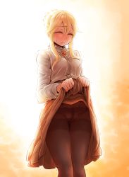 Rule 34 | 10s, 1girl, blonde hair, blouse, braid, brown pantyhose, clarice (idolmaster), closed eyes, clothes lift, embarrassed, gradient background, hair between eyes, highres, idolmaster, idolmaster cinderella girls, lifting own clothes, long hair, panties, panties under pantyhose, pantyhose, shirt, skirt, skirt lift, solo, standing, thigh gap, thighband pantyhose, tobatoinu, underwear, white background, white shirt