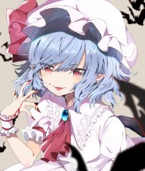 Rule 34 | &gt;:), 1girl, :p, ascot, bat (animal), bat wings, blood, blood on face, blood on hands, blue hair, blush, bow, brooch, center frills, commentary, dress, ear piercing, fangs, fangs out, fingernails, frilled shirt collar, frills, grey background, hair between eyes, hand up, hat, hat bow, highres, jewelry, looking at viewer, mob cap, nail polish, piercing, pointy ears, puffy short sleeves, puffy sleeves, red ascot, red bow, red eyes, red nails, remilia scarlet, satoupote, sharp fingernails, short hair, short sleeves, simple background, smile, solo, symbol-only commentary, tongue, tongue out, touhou, upper body, v-shaped eyebrows, white dress, white hat, wings, wrist cuffs