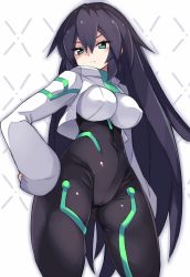 Rule 34 | 1girl, black hair, bodysuit, breasts, cameltoe, covered navel, cropped legs, covered erect nipples, frown, gluteal fold, green eyes, gundam, gundam build divers, gundam build divers re:rise, hair between eyes, hand on own hip, highres, karukan (monjya), large breasts, long hair, long sleeves, looking down, may (gundam build divers re:rise), shrug (clothing), skin tight, solo, v-shaped eyebrows, very long hair, white background