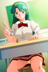 Rule 34 | 1girl, chair, classroom, desk, feet out of frame, green eyes, green hair, hairband, long hair, miniskirt, non-web source, on chair, open mouth, panties, pantyshot, pleated skirt, red skirt, school chair, school desk, school uniform, shoko (super real mahjong), skirt, solo, striped clothes, striped skirt, super real mahjong, tanaka ryou, underwear, yellow panties
