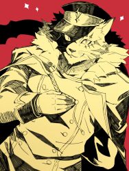 Rule 34 | 1boy, coat, collared jacket, commentary request, eyes in shadow, fur-trimmed coat, fur trim, furry, furry male, gloves, hand on own chest, hand up, hat, highres, jacket, looking at viewer, male focus, military, military hat, military uniform, monochrome, nizitaro, ose (housamo), panther boy, panther ears, peaked cap, red background, simple background, smile, solo, sparkle, tail, tokyo houkago summoners, uniform, upper body, whiskers, yellow theme