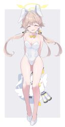 Rule 34 | 1girl, absurdres, animal ears, arume ad, backpack, bag, bare arms, bare legs, bare shoulders, blue archive, blush, bow, bowtie, breasts, detached collar, fake animal ears, groin, hair flaps, hair ornament, halo, hifumi (blue archive), highres, leotard, light brown hair, long hair, low twintails, medium breasts, open mouth, peroro (blue archive), playboy bunny, rabbit ears, simple background, smile, solo, strapless, strapless leotard, twintails, unworn backpack, unworn bag, white background, white bag, wing hair ornament