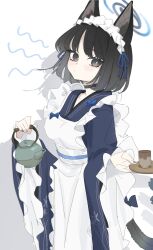 Rule 34 | 1girl, animal ear fluff, animal ears, apron, black eyes, black fur, black hair, blue archive, blue dress, blue halo, cat ears, cat girl, cat tail, closed mouth, commentary, cup, dress, halo, highres, holding, holding teapot, holding tray, kikyou (blue archive), long sleeves, maid apron, maid headdress, nemo (leafnight), simple background, solo, tail, teapot, traditional media, tray, white apron, white background