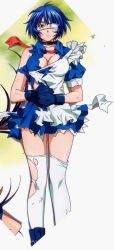 Rule 34 | 00s, 1girl, blue hair, breasts, cleavage, eyepatch, gloves, green eyes, highres, ikkitousen, large breasts, maid, ryomou shimei, solo, thighhighs, torn clothes